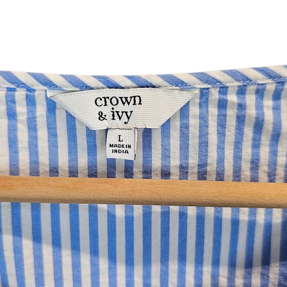 Crown & Ivy Womens Blue White Striped Cotton Top L Boho Chic Embroidered Blouse - Picture 10 of 11